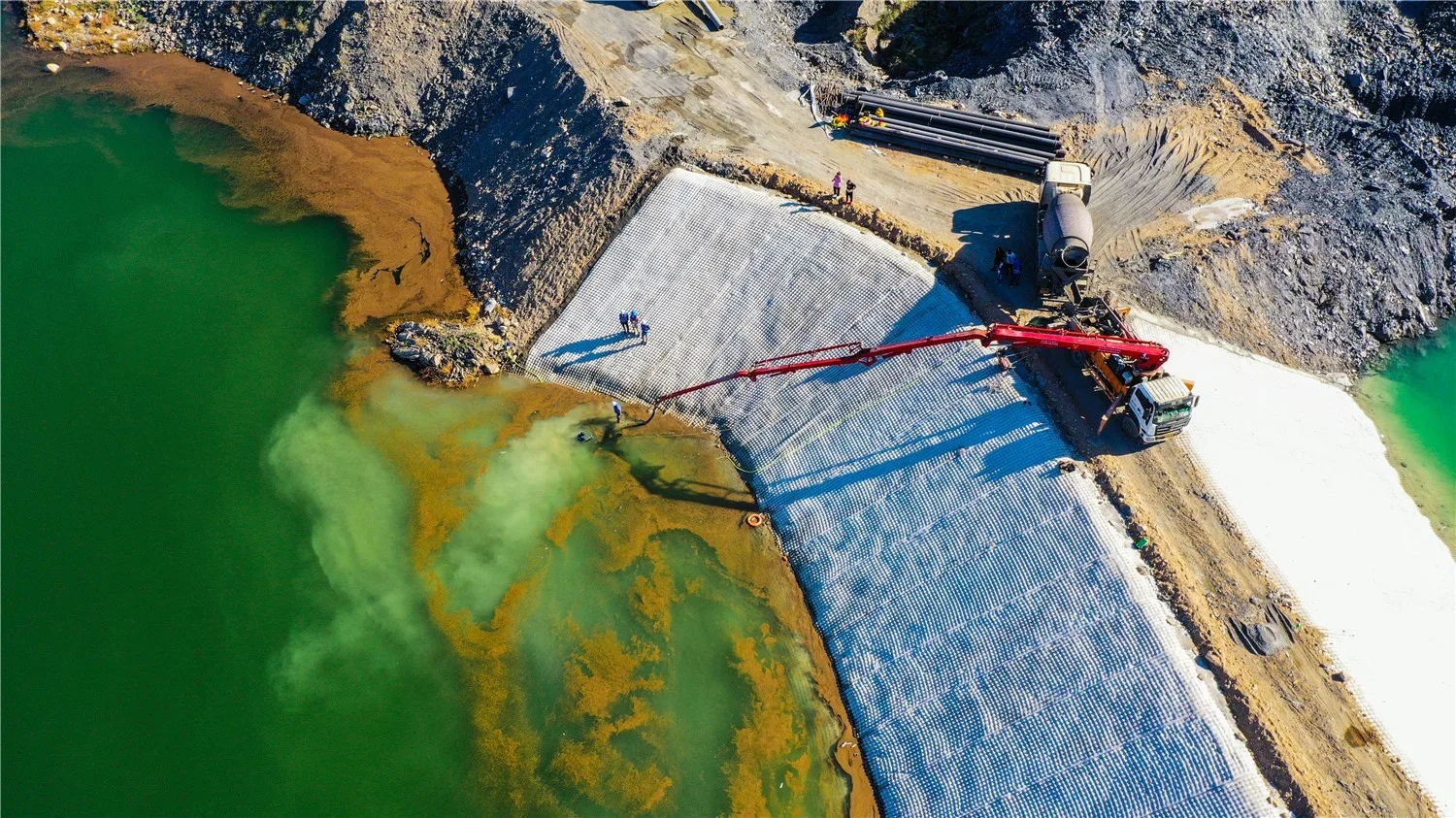 Mining pond slope protection, aerial view